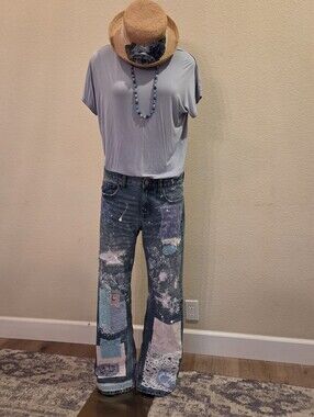 Custom Upcycled Jeans Size 8 | Boho Baggy Denim W/Vintage Fabric Applique